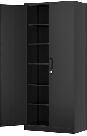 Fesbos Metallschrank FS2024011002, 180 cm hoch, Stahl-Aktenschränke mit abschließbaren Türen und verstellbaren Regalen, schwarzer Stahlschrank für Zuhause, Schule, Büro, Garage