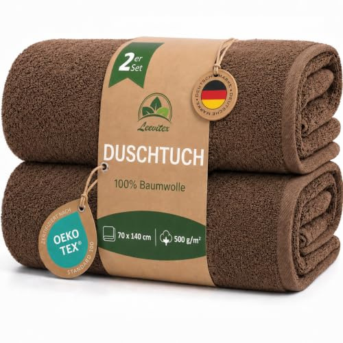 leevitex Duschtücher 2er Set 70 x 140 cm aus 100% Baumwolle, Frottee, 500 g/m², weich und saugstark, Schokobraun