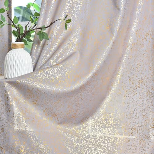 TERLYTEX Grau-goldene Vorhänge, 244 cm Länge, für Wohnzimmer, metallische Goldfolie, Sprühpunkte, goldschimmernd, Vorhänge, mit Ösen, Privatsphäre, 132 x 244 cm, 2 Paneele, Grau Gold
