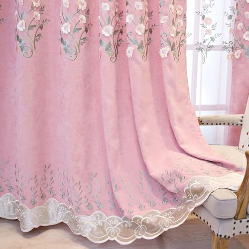 Gualiy Gardinen Blickdicht 2er Set, Verdunkelungsvorhang Thermo Ösen 102x138CM Blumenmuster Vorhänge Rosa Vorhang für Fenster