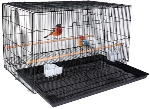 BAKAJI Voliere für Vögel, rechteckig, 77,5 cm, aus Metall, ideal für Papageien, Sittiche, Vögel, mit ausziehbarem Tablett und Sitzstangen aus Holz, stapelbarer Käfig (schwarz)