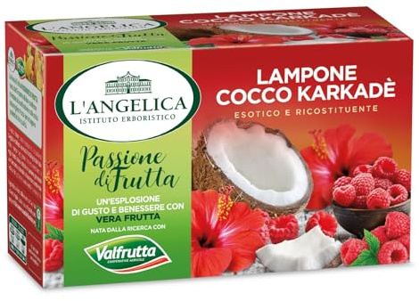 L'Angelica Infuso Passione di Frutta Valfrutta Lampone e Cocco, Tisane Calde e Fredde Zero Calorie con Vera Frutta, Confezione da 15 Filtri