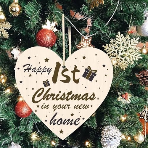 iwiio Happy First Christmas Heart Ornament Wooden Plaque for New Home or Christmas Tree Decoration