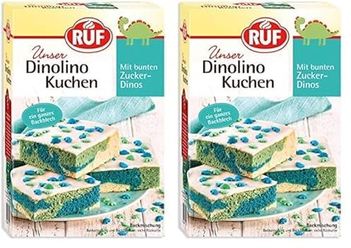 RUF Dinolino Kuchen, dreifarbiger Blechkuchen Zitronen-Geschmack mit Zuckerglasur und bunten Dino-Streuseln, perfekt für Kindergeburtstage und Babyshower-Partys, 850g (Packung mit 2)