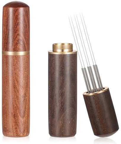 Qianyu 2 Stück Espresso -Kaffee -Rührer Nadel Verteiler Kaffee Zubehör 6 Nadeln 0,4 mm natürlicher Holzgriff und Ständer Barista Espresso Kaffee Verteiler für Rührer Ersatz