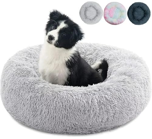 Zentaurus Hundebett, rund, Bett für Hunde und Katzen, aus weichem und flauschigem Plüsch (Hellgrau, 90 cm)