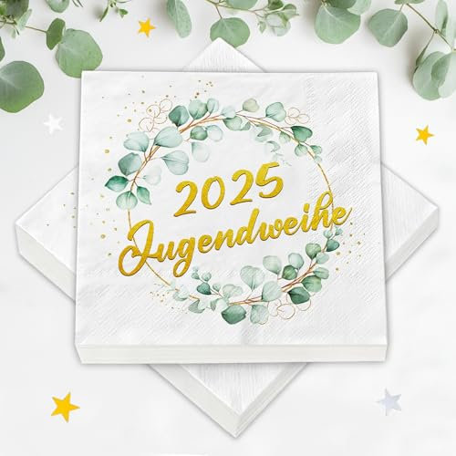 40 Stück Servietten Jugendweihe Deko Mädchen Junge, Eukalyptus 2025 Jugendweihe Servietten Tischdeko, für Jungen Mädchen Erwachsene Party Dekoration(33 x 33 cm)