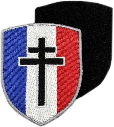 Lothringerkreuz Schildförmiges Abzeichen | Militär Patch Französische Flagge mit Klettrücken | Historisches Freies Frankreich, Gestickt 7,5x6,5 cm