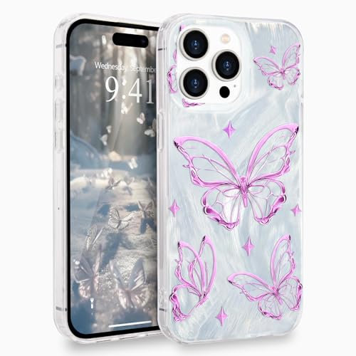 L-FADNUT for iPhone 13 Pro Max Case for Women Girls, Glitter Silver Cute Butterfly Pattern Phone Case, Trendy Shiny Slim Protective Anti-scratch Aesthetic Cover for iPhone 13 Pro Max, Light Purple