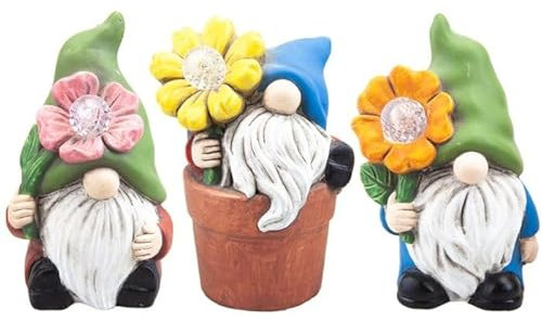 CHPL Set of 3 - Solar Garden Gonks/Gnomes with Flower LED Lights – Outdoor Decorative Resin Ornaments For Patio, Decking, Balcony, Lawn, or Window – Cute Nordic Style Garden Decoration Gift