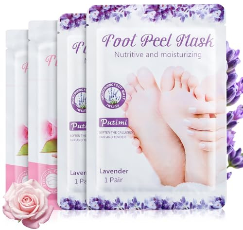 Samamoca Fußmaske 4er Set Hornhaut Socken,Exfoliating Peeling Socken gegen Hornhaut & trockene Haut，Feuchtigkeitsspendende Fußpflege Maske für glatte gepflegte Füße,Damen & Herren(2×Lavendel + 2×Rose)