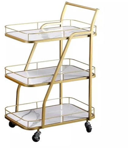 SAJMN 3-stöckiger Barwagen mit Rollen und Griff – Mobiler Küchenwagen, Serviertablett für Getränke aus weißem Marmor und goldenem Rahmen, stilvolles Lagerregal auf Rollen für Zuhause und Küche