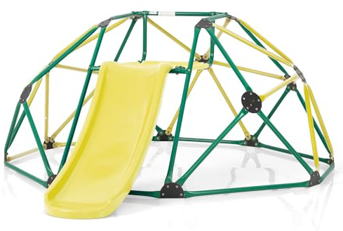 COSTWAY Dôme d'escalade de 241cm Enfant avec Toboggan, Cage d'escalade en Métal avec Coussin en Tissu, Charge Max 180kg, Aire de Jeux Extérieure Intérieure pour Garçons Filles de 3-10 Ans