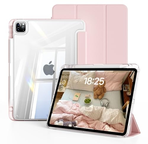 JKSML Klare Hülle für iPad Pro 12,9 Zoll (6th/5th Generation) – Rosa | PC Transparenter Rückseite mit Stifthalter, Dünner Stoßfeste, Pencil Aufladung, Auto Schlafen/Wachen, für 2022/2021 Model