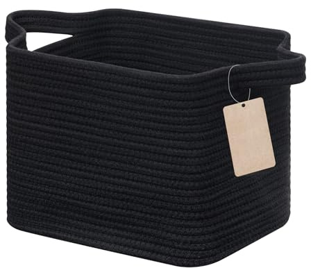 JOJOSEE Woven Storage Baskets Cotton Rope Basket for Shelves, Black | 33×25×22.5 cm Small Square Shelf Storage Baskets for Toys, Books & Shoes, Decorative Gift Basket for Home & Living Spaces