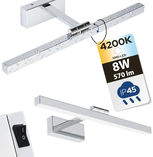 HOROZ ELECTRIC Lampada a LED da Specchio per Bagno - Luce da Parete Sopra Specchio/Guadro 40 cm - Testa Orientabile e Interruttore - Cromo 8W 570lm 4200K Bianco Neutro - Applique da Bagno IP45