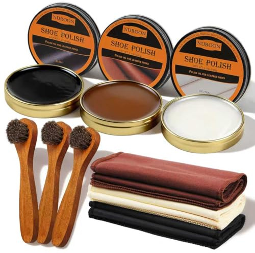 Nuroon 9 Pcs Shoe Polish Kit for Men & Women, 3 Pcs Horsehair Shoe Brushes, Brown Neutral Black Shoe Polish for Shoes, Leather Boot Care Shine Kit