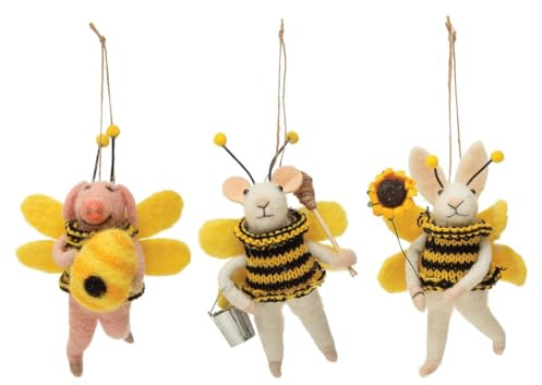 Set of 3 Wool Felt Bee Animal Ornaments – Pig, Mouse & Bunny in Bee Suits – Handmade Felt Christmas Tree Decorations, Spring or Easter Home Décor, for Home and Nature Lovers
