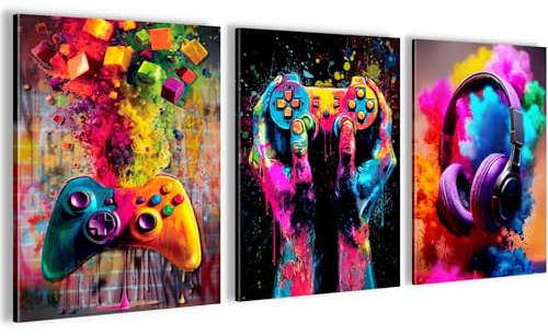 Novart Set di quadri da parete Giocatore - COMPLETAMENTE PRONTO DA APPENDERE - Camera dei bambini Decorazione - 3 Quadri Moderni Gaming - N041235a