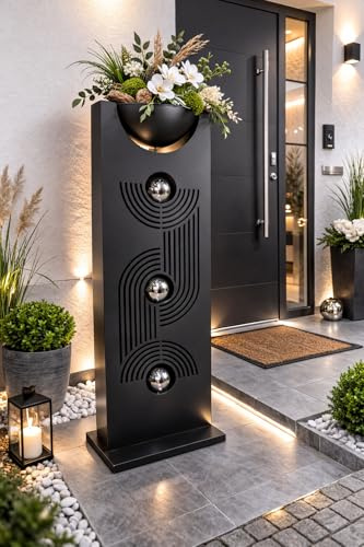 MF Schalenständer Fascia Design, Schwarz mit Silbernen Akzenten, Metall, 115 cm Höhe, Dekorative Säule mit Schale
