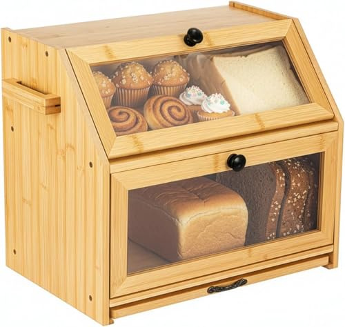basohallrd Bread Basket with Chopping Board Bread Bin Bamboo Eco Bread Box Storage Box Kitchen Bread Storage Bread Container Visualised for Bread, Roasted Bread, Wood Colour,15.3x10.2x12.7in