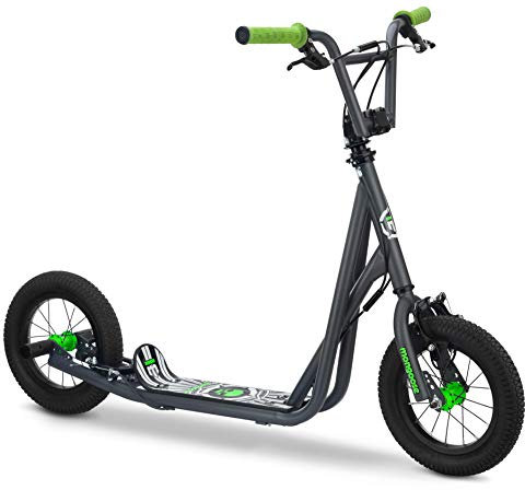 Mongoose Expo Kick Scooter, BMX-Style Handlebar & Brake Cable Rotor, For Riders Ages 6 and Up, Rear Axle Pegs, 12-Inch Air Tires, Max. Weight of 175 lbs., Green/Grey