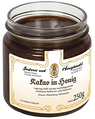Kakao in Honig 250g – Honig mit Kakaopulver (stark entölt), ohne Zusatz von Zucker oder Palmöl (von Imkerei Nordheide)