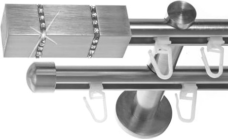 BASIT Gardinenstange 2 läufig Innenlauf Wandmontage 160cm lang Edelstahl Look I Gardinenstange doppelläufig Wandmontage Ø16mm mit Kappen I In 120-600cm verfügbar H80