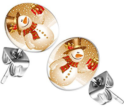Mianova Ohrringe Stecker Rund Klein Ohrstecker Runde Platte Silber mit Winter Weihnachts Motiv Schneemann mit Geschenk