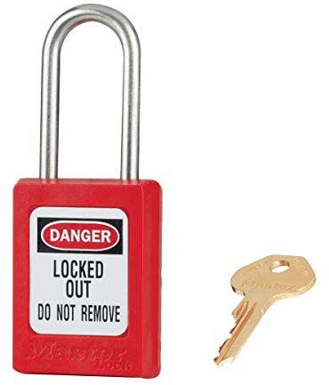 Master Lock Cadenas de Consignation thermoplastique Zenex™ Rouge, 35 mm de Largeur avec Anse en Acier Inoxydable de 38 mm, système de retenue de clé, s'entrouvrant