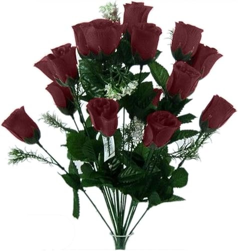 Endless Creations Artificial Rose Buds (18 Heads, 45cm) – Realistic Silk Flower Bush for Weddings, Graveside Memorials, Home Decor & More (1, Burgundy)