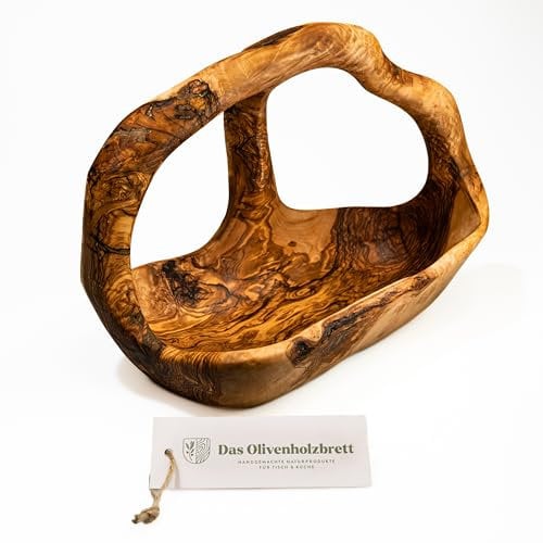 das Olivenholzbrett® Olivenholz Obstschale/Korbschale mit Griff/Gemüseschale aus Olivenholz/dekorative Holzschale in Korbform mit 2-3 Henkel 40cm