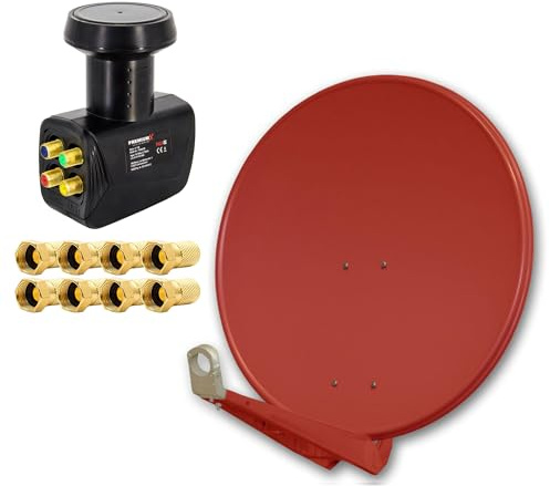 PremiumX DELUXE80 Aluminium 80cm Digital SAT Schüssel Spiegel in Ziegelrot für HDTV HD+ 3D 4K Ultra + LNB Quad 0,1 dB PremiumX PXQS-SE Quattro Switch mit vergoldeten Anschlüsse + 8X 7mm F-Stecker