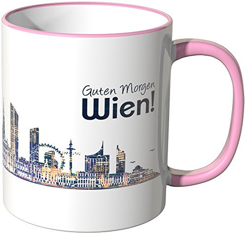 WANDKINGS® Tasse, Schriftzug Guten Morgen Wien! mit Skyline bei Nacht - ROSA