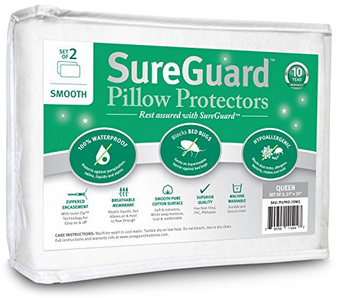 Juego de 2 Protectores de Almohada SureGuard de tamaño Queen, 100% Impermeables, a Prueba de chinches, hipoalergénicos, Fundas de algodón con Cremallera, Suaves