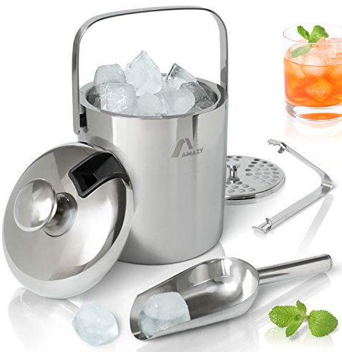 Amazy Edelstahl Eisbehälter mit Deckel inkl. Zange, Eisschaufel und Sieb – Doppelt isolierter Eiswürfelbehälter mit Tragegriff für optimal gekühlte Eiswürfel und Getränke (1,3 Liter)