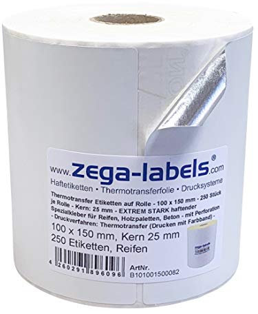 Thermotransfer Etiketten auf Rolle - 100 x 150 mm - 250 Stück je Rolle - Kern 25mm - EXTREM STARK haftender Spezialkleber für Reifen, Holzpaletten, Beton - Druckverfahren: Thermotransfer(mit Farbband)