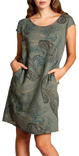 Caspar SKL022 Damen Sommer Leinenkleid mit Paisley Print bis Größe 50, Farbe:Oliv grün, Größe:XL - DE42 UK14 IT46 ES44 US12
