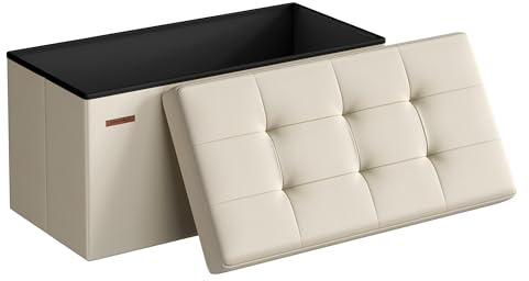 SONGMICS MAZIE Collection - 30 Inches Folding Storage Ottoman Bench, Ottoman Foot Rest, End of Bed Bench, Storage Chest, Load 660 lb, for Living Room, Bedroom, Entryway, Cream White ULSF47BE