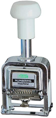Paginierstempel/Nummernstempel, automatischer Stempel, aus Metall und Kunststoff, 8 Stellen, mit Stempelkissen, mit Stempelstab, mit Stempelfarbe, Farbe: silber/weiss – 1 Stück