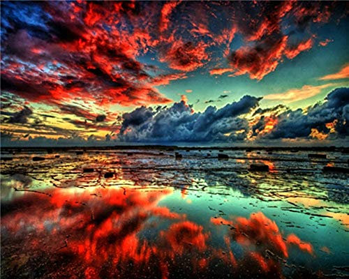 DIY Ölgemälde Malen nach Zahlen Erwachsene Kinder, See Himmel Rote Wolken Zahlenmalerei ab 5 Öl Wandkunst (Rote, ohne Rahmen)