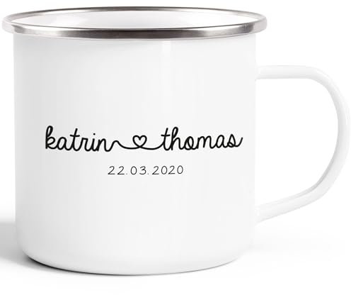 SpecialMe® Emaille-Tasse personalisiert Geschenk Partner Namen und Datum anpassbar Hochzeitstag Hochzeitsgeschenk Liebe weiß-metall Emailletasse