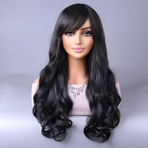 YEESHEDO Schwarz Cosplay Perücke für Frauen Langes Gewelltes Haar Synthetische Perücken mit Pony für Halloween Party Kostüm Anime 32 Zoll 80 cm