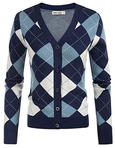GRACE KARIN Damen Langarm Button Down Sweater Klassischer V-Ausschnitt Strickcardigan, Plaid hellblau, XX-Large
