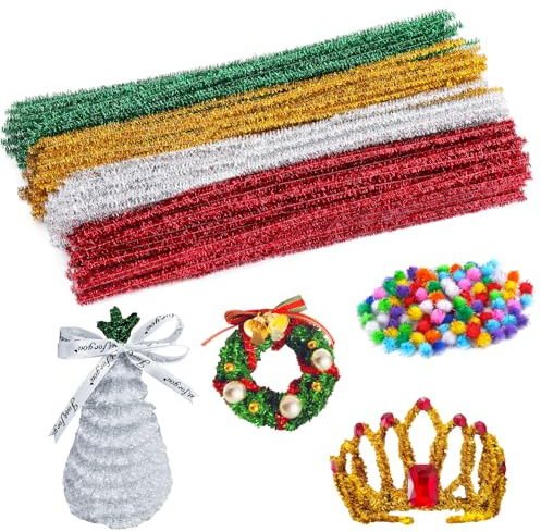 Tundi 400 Stücke Pfeifenreiniger und 100 Stücke Glitzer Pompons | Pfeifenputzer zum Basteln 30 cm x 6 mm, Glitzer Pfeifenreiniger Chenilledraht für Pfeifenreiniger für kreative DIY Projekte