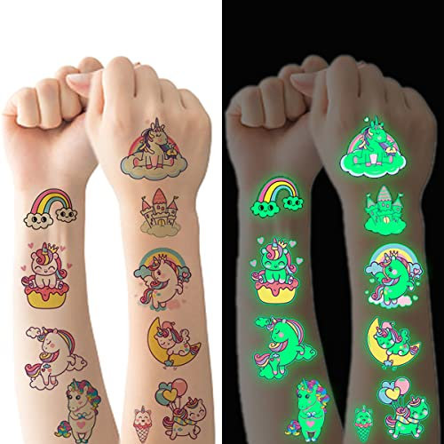 Tattoo Kinder, 10 Blätter Leuchtendes Einhorn Temporäre Tattoos Set, Leuchten im Dunkeln Wasserdichte Hautfreundliche Kindertattoos, Geburtstagsparty Dekoration Zubehör für Kindergeburtstag Mitgebsel