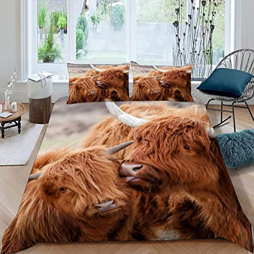 XIWEIER Highland Cow Schottland Bettwäsche 135x200 Atmungsaktive Weiche Mikrofaser Bettbezug mit ReißVerschluss Sommer 3 Teilig Bettwäsche Set Für Kinder Bettbezüge und 2 Kissenbezug 80x80 cm