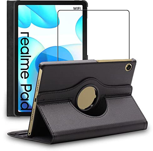ebestStar - Funda para Realme Pad 10.4 (2021), Carcasa Capa Giratoria, 360 Protectora, Cuero PU Soporte, Negro + Cristal Templado