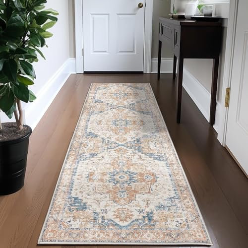TOPICK Läufer 60x210cm Flur Waschbar Küche Läufer Kurzflor Retro Orange Blume Orientalischer Teppich Faltbar rutschfest Dünn Teppich für Brücken Schlafzimmer Wohnzimmer Flur