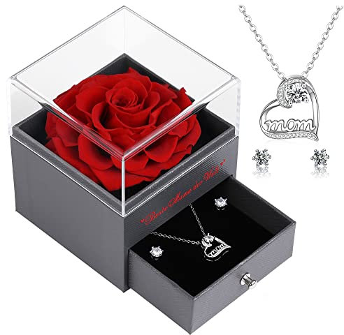 Veroola Konservierte Echte Rose mit Mom Halskette und Ohrringe, Beste Mama der Welt Ewige Rose Blumen Geschenke für Mama, Weihnachten Muttertag Valentinstag Geburtstag Mom Geschenke.Rot